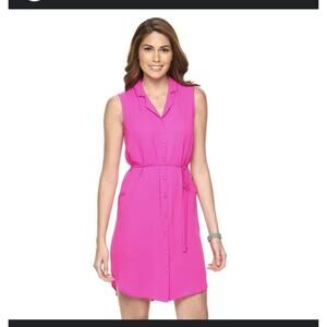 Apt. 9 Shirt Dress Button Up Size 4 Tie Notched CollardLapel Sleeveless HotPink